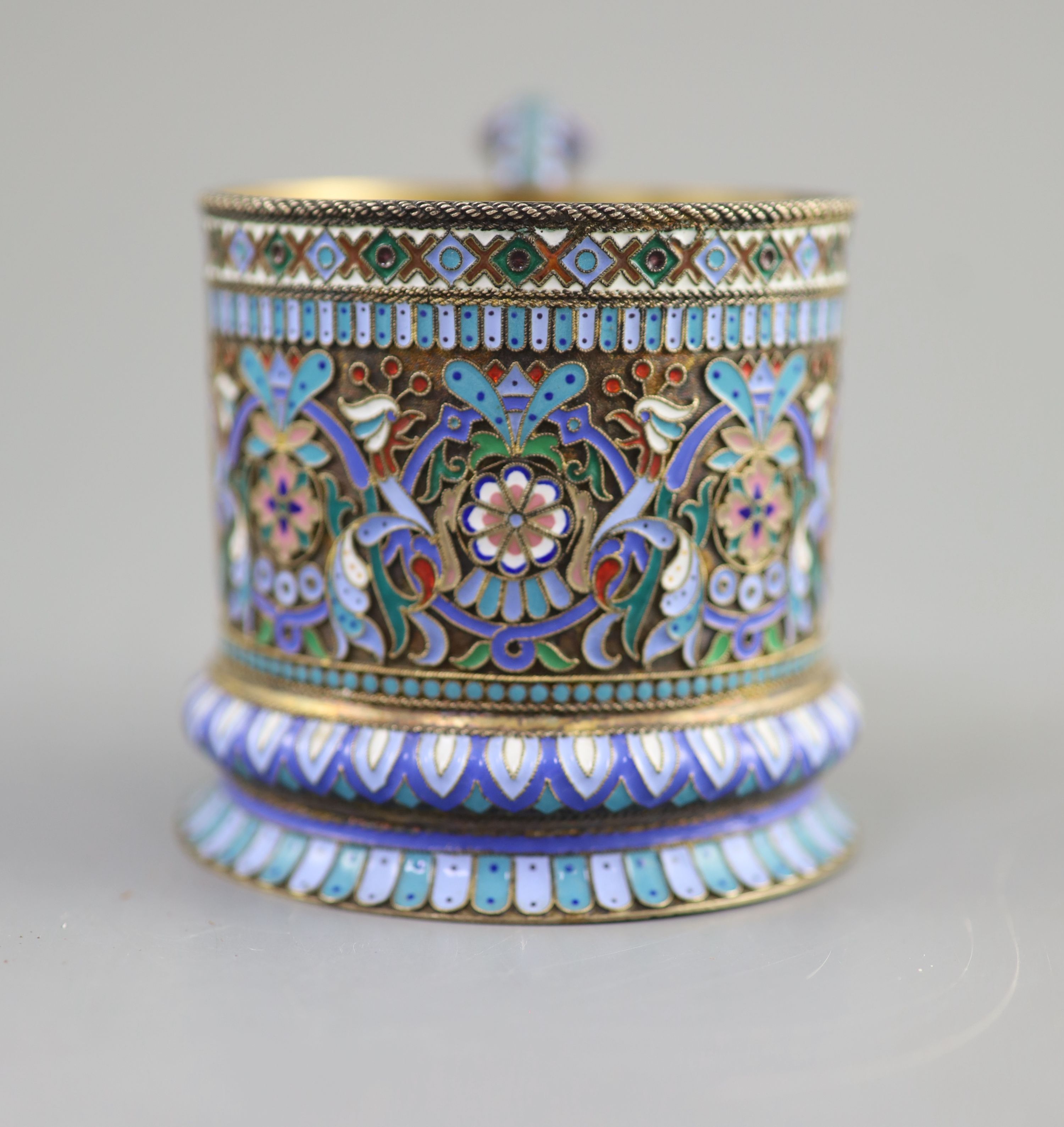 A late 19th century Russian 88 zolotnik silver and cloisonne polychrome enamelled tea glass holder, by Pavel Ovchinnikov